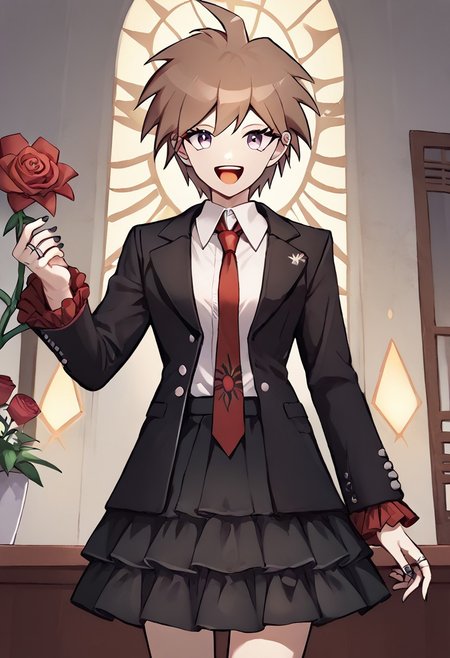 score_9, score_8_up, score_7_up, 
1girl, genderswap (mtf),gender swap, solo,  makoto, brown hair, open mouth, ahoge,
smile, short hair, bangs, celestia ludenberg, official style, looking at viewer, smile, black nail polish, long sleeves, white shirt, flower, frills, print necktie, black skirt, nail polish, open jacket, black jacket, rose, red necktie, red flower, black nails, red rose, gothic fashion, claw ring, cowboy shot, frilled sleeves, frilled skirt, collared shirt,
 <lora:celestia_pony_v3:0.8>