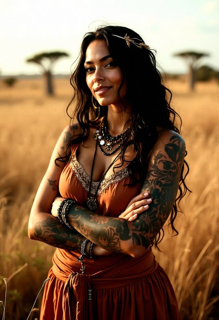 Photorealistic photography of a slightly voluptuous tattooed beauty, a 43 years old woman with black hair, adorned with bohemian accessories, in a softly lit environment.Arms crossed over the chest, with a soft smile.African Savanna with tall grasses, acacia trees, and a wide-open sky.A blend of rustic and natural elements, with warm wood tones and soft textiles.













