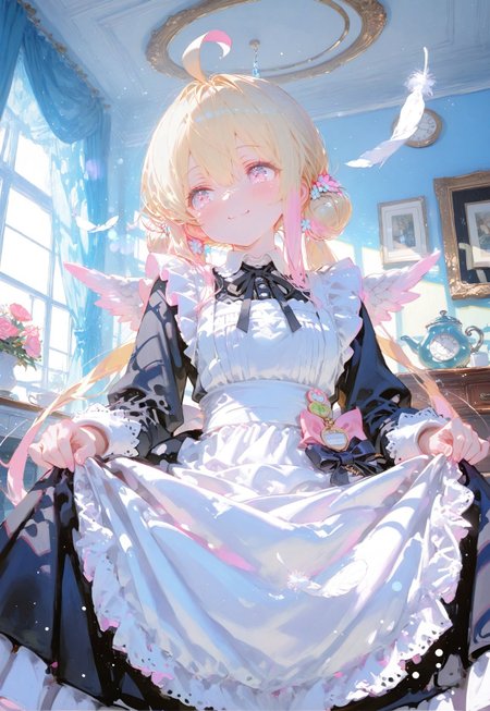 ((poised bow,eye level shot,hands lifting dress,smile,front view, negative space:1.5))

1 girl, short and petite,(blonde hair:1.3), (vibrant pink accents hair:1.1),fair skin,pink eyes, (sparkling eyes:1.1),ahoge,small wings ,floating feathers,(low twintails:1.3)

(Shoulderless sleeve,Black Victorian Maid outfit,hair bun:1.3),(bright victorian bedroom:1.5),(day:1.5)

(Bokeh around character:1.3),(character focus:1.2),((dynamic pose:1.4)),((foreshortening:1.6)),((extreme perspective:1.4))

748cmstyle,Cunnystyle,Smooth_Quality,amazing quality, ((aesthetic:1.3)),(bold lines:1.3),((4k,8k,Ultra HD)),((Masterpiece :1.2)),((Best quality :1.2)),((Detailed :1.5)),((Detailed background :1.5)),
