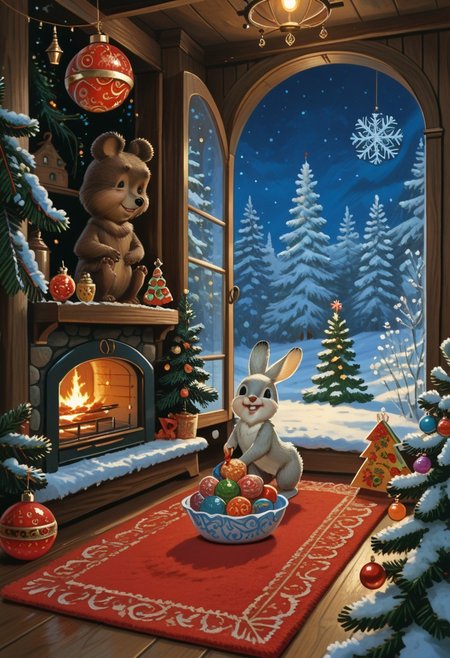 score_9, score_8_up, score_7_up, rating_safe, zarubin, painting, christmas tree, christmas, snow, snowflakes, forest, rabbit, bird, bear, squirrel, gifts, cute, adorable, new years eve, santa claus, christmas ornaments, chrlib, scenery, indoors, living room, night, oven, christmas tree, christmas ornaments, red carpet, perfect details, close view, winter, portrait, dutch angle