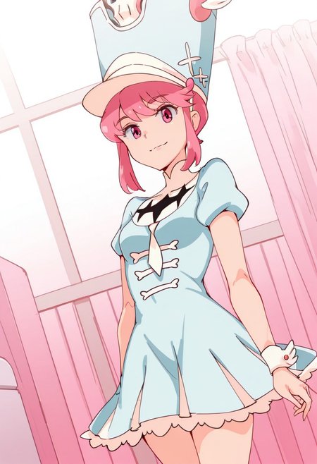 Jakuzure_Nonon, Jakuzure_Nonon, pink_eyes, pink_hair, short_hair_with_long_locks, small_breasts, shako_cap, blue_hat, blue_dress, turtleneck_dress, white_necktie, puffy_short_sleeves, frills, wrist_cuffs
1 girl, , cowboy shot, smile inside, bedroom, dutch angle, posing, 
looking at viewer
nyuu_style
