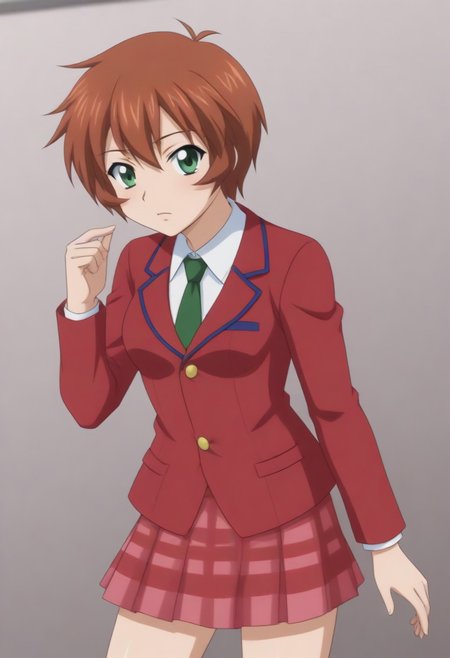 source_anime, anime screencap, source_anime, auratheguillotine, anime screencap, masterpiece, source_anime, shiny skin, 1girl, chinkyuu koudai, short hair, brown hair, green eyes, <lora:chinkyuu_pony-000007:0.8> red blazer, white shirt, green necktie, plaid skirt, pleated skirt,