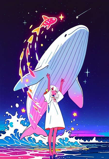 masterpiece, best quality, good quality, very awa, newest, highres, absurdres, 1girl, solo, dress, standing, white hair, sky, barefoot, white dress, water, arm up, arms up, night, ocean, animal, star \(sky\), night sky, scenery, starry sky, fish, wide shot, waves, oversized animal, whale, flying fish, limited palette, sketch, glowing, psychedelic, <lora:illustriousXL_stabilizer_v1.23:0.3> <lora:NOOB_vp1_detailer_by_volnovik_v1:0.3> <lora:ponyv6_noobE11_2_adamW-000017:0.3> <lora:114558v4df2fsdf5:1> <lora:mon_monmon2133:0.6>