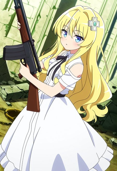 general,highres, ultra-detailed,very aesthetic,best quality ,best hands,best eyes,easynegative,
dynamic angle, dutch angle, anime cloring,anime screencap,
1girl solo,looking at viewer,ruins,holding rifle,
 Kisaragi Alice,blonde_hair, long_hair, short body, wavy hair, blue_eyes  small breasts, hair_ornament,white dress,