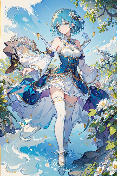 1girl, (\(white flowers\)), gothic victorian architecture, watercolor (medium), colored pencil (medium),  aesthetic, intricate, best quality, detailed background, looking_at_viewer, Sayaka Miki, (girl wearing an intricate \(long teal victorian dress\):1.2), \(walking in white flower garden\), casual pose, posing, (\(white capelet\)), bustle, corset, ruffles, lace, petticoat, hoop skirt, puff sleeves, water, water droplets, pearls, outdoors, \(white flower petals\), (teal dress), sky, <lora:SayakaMiki:1>, (white thigh-high)