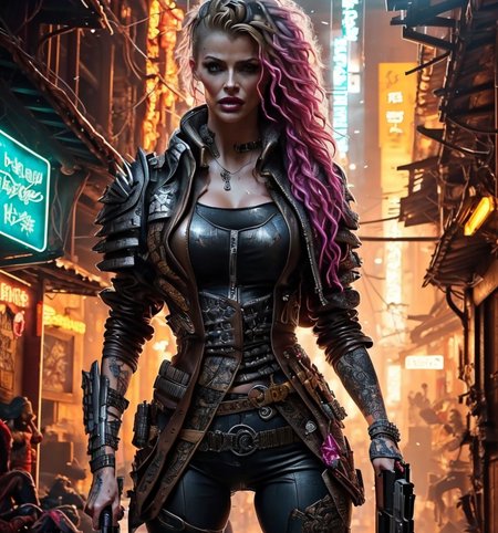 RAW photo, (masterpiece:1.3), subsurface scattering, heavy shadow, (high quality:1.4), (intricate, high detail:1.2), professional photography, HDR, High Dynamic Range, realistic, ultra realistic, photorealistic, high resolution, film photography, ambient lighting, atmospheric effects, <lora:detail_slider_v4:2>, OverallDetail, Joslyn, <lora:Joslyn:1>, as a cyberpunk rogue, wild blond hair, dreads, leather coat, boots, holding gun, weapon, jewelry, armor, ammunition belt, standing, long pants, <lora:CyberChar:0.9>, cychar, in an alley in a cyberpunk mega city, neon signs, upper body shot, epiCPhoto,  <lora:zoom_slider_v1:1>