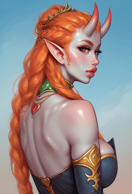 1girl, (((back view))), from front, solo, illustration, comic style, highly detailed, skinny, model body, looking at viewer, masterpiece, best quality, 
((fayenchantress, mizora, mizora \(baldurs gate\), mizora \(bg cambion\), 1girl, ashen grey skin, ginger hair, standing, demon girl, looking at viewer, ((grey demon oni horns)), solo, pointy ears, red eyes, demon wings, necklace, dark blue dress, deep cleavage to the waist, full black sleeves, <lora:Mizora_Baldurs_Gate_Cambion_PONY_XL_by_UOC:1.8>))
(young beauty, fit body:1.3), dynamic pose,
BREAK 
(((ruined city, blue sky:1.6)))) score_9, score_8_up, score_7_up, score_6_up, source_cartoon, rating_explicit, Expressiveh, ((((upper body))))), dynamic pose