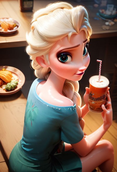 score_9, score_8_up, score_7_up,   
1girl, Elsa, Disney, \(Frozen\)/,(ultra HD quality details), blue eyes, blonde hair, single braid, single braid over shoulder, casual denims, fitted t-shirt,
cute girl, shiny skin, beautiful eyes BREAK japanese bar, drinks, food, sitting on a chair, back view, looking back at viewer, high angle perspective,