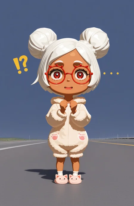 <lora:anatomy_helper:0.8> 1girl, solo, highway, full body, open mouth,  !?, confused , perplexed , confused,  ..., . . ., weary smile,,Holding head with both hands, 3d,
<lora:LilPurah-IL:0.8> prhmini, red eyes, red-framed eyewear, red-framed eyewear, dark-skinned female, white hair, double bun, chibi, animal pajamas, fleece onesie, hood, ankle socks, cartoon pattern, paw slippers, extremely detailed, highres, masterpiece, best quality