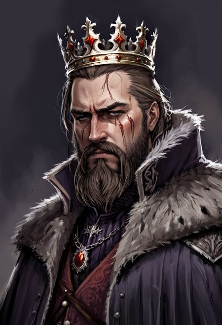 (Conceptual Art in jrst artstyle:1.2) about a mad king, hair down, dirty, stubble beard, sad, depressed, tear, tattered noble outfit, concept art