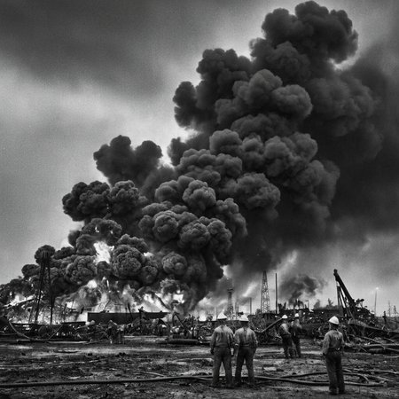 a (black and white:1.5) photo of a massive plums of dark smoke and many flames rising from several fires in a oil field, some workers look at the fires, dramatic lights, dark clouds in the background, high contrast, extreme details, intricate details, 8k, 35mm photo, photorealism, realistic photo, national geographic style, masterpiece, (grainy film:1.4)
