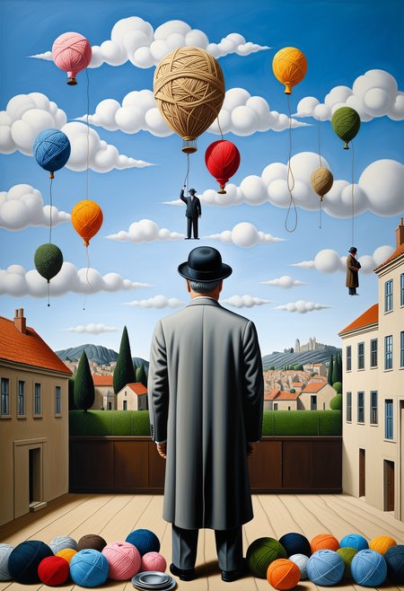 masterpiece, very aesthetic, absurdres, newest, Yarnworld, painting,  magritte, the son of man <lora:Challenge_Winnifier:0> <lora:Yarnworld-000017:0.7>