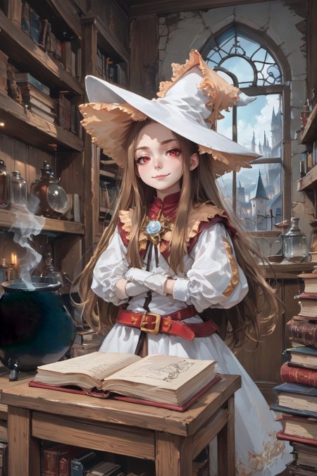 score_9, score_8_up, score_7_up, source anime, <lora:backgroundsetXL:0.3> , indoors, interior, BREAK, solo,  <lora:RosaryEsmeraldaPonyXL:0.65> , RosaDef, brown hair, long hair, red eyes, white witch hat, white dress, red belt, juliet sleeves, white gloves, white boots, <lora:ph4nt0m01lXLP:0.6> , ph4nt0m01l,  (((cauldron))), castle background, window,  wisps, smoke, shelves, books, bookshelves, clutter, detailed background, runes, magic, ghostly, looking at viewer, smug, smirk, grin, closed mouth, standing,