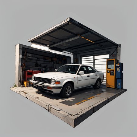 hexagonal composition, woman, garage, car, wrench, car repairs, simple background  <lora:hexagon_composition_03:0.6>