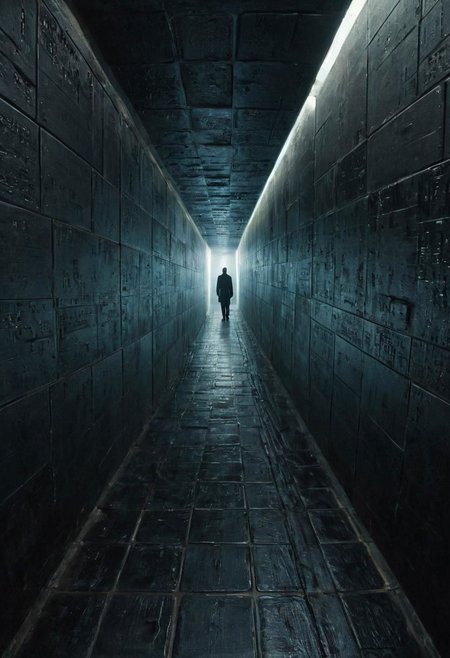 a matrix abyss by H.P. Lovecraft, a long floor into eternity, black reflecting tiles, dimmed lightning, vintage sci-fi led panels, electrical panels, neo pale man in the end of the floor, looking to viewer