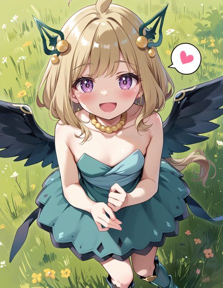 (score_9:0.9),score_8_up,score_7_up,rating_safe,anime style,(zPDXL),(zPDXL3),
<lora:Hugin the Runick Wings ponyXL v1:0.73>,hugin the runick wings, 1girl, solo, smile, spoken heart, open mouth,  looking at viewer, yellow necklace, blush, green knee boots, green hair ornament, :d, speech bubble, green strapless dress, minigirl, from above, on grass,
