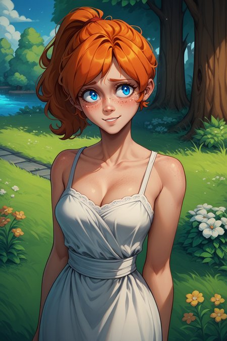 score_9, score_8_up, <lora:NSMechanicTerraria:1> NSMechanicTerraria, blue eyes, freckles, orange hair, ponytail, medium hair, white gown, blush, shy, outdoors, slight smile