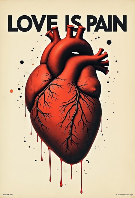 bauhaus poster, text "love is pain", absctract, visible dots,  anatomically correct heart
