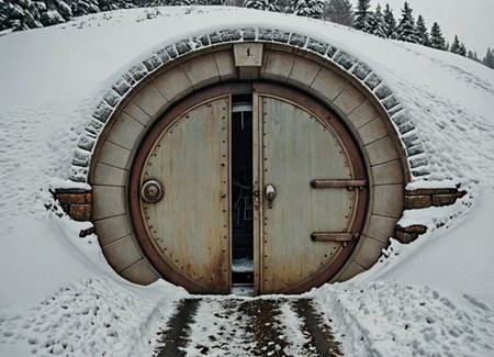 re-enforced round vault door on the side of a hill, at the end of a road  high quality, in the snow,  4k, extreme detail . kodak 400 f12 <lora:addMoreDetails:1> Ultra details++ , add more details, hyperrealistic