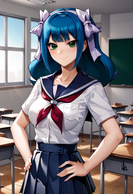 yukiko_umino, blue hair, long hair, hair ribbon, green eyes, medium breasts,  school uniform, sailor uniform,  yu-gi-oh! gx, BREAK indoors, classroom  BREAK sexy pose, looking at viewer, sexy face, sexy smile, cowboy shot, dynamic pose, hands on own hips BREAK score_9, score_8_up, score_7_up, source_anime ,zPDXL, perfect hand  <lora:Yukiko_Umino__Kami:0.8>