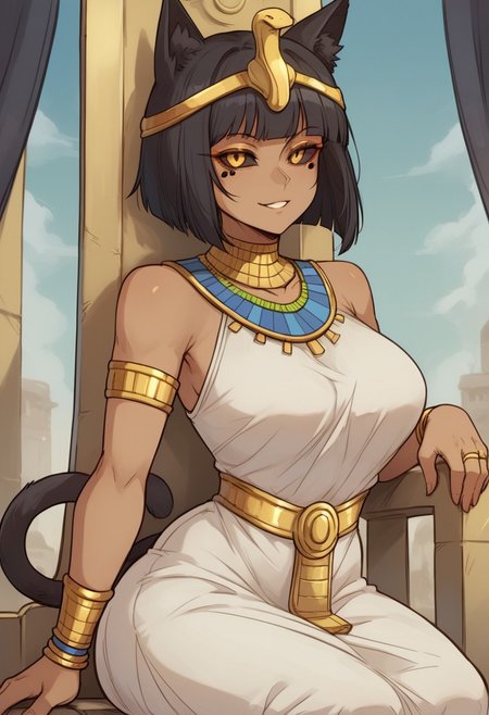 <lora:StS_PonyXL_Detail_Slider_v1.4_iteration_3:4>, score_9, score_8_up, score_7_up, score_6_up, source_anime, ultra quality, clear lines, look at viewer,  (/kaywai style), (anime style), 1girl, solo, big breasts, wide hips, dark skin, black sclera, yellow eyes, black hair, short hair, cat ears, cat tail, white egyptian dress, egyptian rings, egyptian tiara, egyptian bracelets, egyptian necklace, gold jewelry, sits on the throne, smile