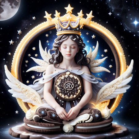 a celestial being composed entirely of creamy cookies, its translucent wings layered with thin sheets of frosting that shimmer like moonlight, a crown of candied crumbs resting atop its head, radiating a soft glow that illuminates the star-speckled void around it, made of creamy cookies