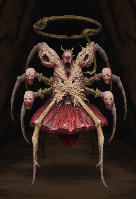 b3rs3rk first person d4concept pov, 3D01S, simple background d4artstyle atmospheric and powerful MikeFranchinastyle dark fantasy, natural organic and first person pov of a berserk style creature
A grotesque, pale-skinned creature with a serpentine neck, razor-sharp teeth, and a bulbous, humanoid organic body. Its wrinkled beige skin is marked with deep folds, while stubby limbs protrude from its form, evoking a biomechanical horror. The atmosphere is dark and gothic, with inspiration drawn from H.R. Giger's eerie style. Hyperrealistic details emphasize the creature’s disturbing skin texture and organic, body-horror aesthetic. In a first-person perspective, the viewer confronts this berserk-like monster, framed by dramatic shadows and studio lighting, adding a surreal, nightmarish intensity.
A disturbing hybrid of mechanical spider and doll, featuring Victorian porcelain heads with vacant, eerie expressions. Its dark steampunk body is composed of articulated metal spider legs, brass and iron elements, and a weathered crimson tutu skirt. The unsettling contrast between delicate doll faces and grim mechanical components is highlighted by antique brass finishes and photorealistic textures. 
UHD letterboxed game trailer frame chromatic aberration dark atmosphere sharp masterpiece with a focus on the character, elden ring style, dark atmosphere, chromatic aberration