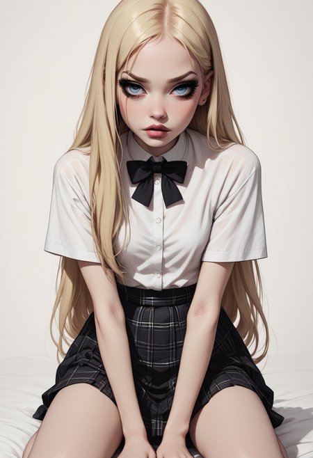 (score_9, score_8_up, score_7_up, Disney, very tiny school woman, petite girl, little age, pale skin girl, long blonde hair, pale skin girl, little black bows on hair, white leggins, school blouse, short plaid skirt, black long nails, small boobs, short, petite, small breasts, long eyelashes, full size legs, front view.
BREAK:
dinamic position