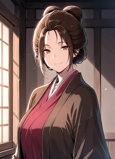 masterpiece,best quality, 1girl, upper body, indoors, solo, EmmaSekiro, brown eyes,smile,  <lora:EmmaSekiro:1>
