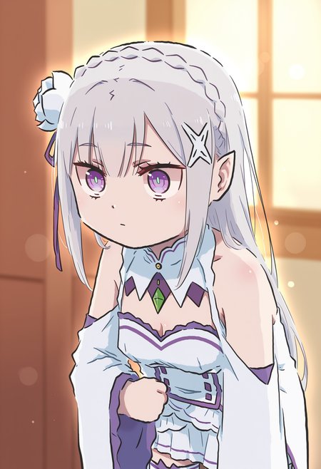 masterpiece,best quality,high resolution,source_anime,highly detailed illustration,
seductive, detailed eyes, (blurry background, depth of field, bokeh:0.9), very aesthetic,absurdres,newest, amazing quality,
detailed eyes, absurdres,newest, amazing quality,
<lora:shiXinzoroV1ill:1>,shixinzoruo, chibi,
1girl, solo,
<lora:shiEmiliaV12ill:1>  shimilia, long hair, grey hair, purple eyes, pointy ears, crown braid, hair flower, hair ribbon, purple ribbon, x hair ornament, white dress, cleavage, bare shoulders, wide sleeves, white thighhighs, thigh boots,