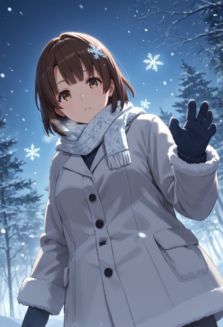 score_9, score_8_up, score_8, score_7_up, source_anime, 
1girl, katou megumi, Megumi <lora:KatoMegumi:1>,brown hair,katou megumi,brown eyes, medium breasts , short hair, masterpiece, best quality, winter coat with fur trim, knit scarf and mittens, snowflakes in hair, magical winter forest background, northern lights in sky, glowing lanterns, crystalline ice formations, catching snowflakes, wonder-filled expression, rosy cheeks, steam from breath, nighttime scene, ethereal blue lighting, low angle shot, snow particles in air, bokeh effects