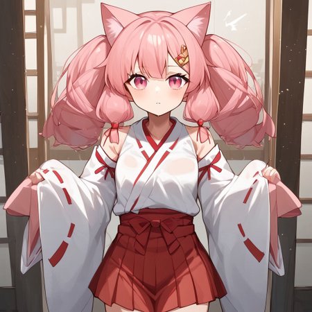 Aomokoka Style,nochekaisershot,
1girl,japanese clothes, hairclip, wide sleeves, ribbon trim, long sleeves, hakama skirt, miko, sleeves past wrists, red hakama, white kimono, tabi, ribbon-trimmed sleeves, pinching sleeves,yuika3,cat ears,Expressiveh,nochekaisershot,pink hair,solo,pink eyes