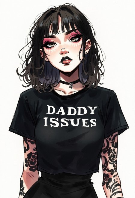 Alt goth girl with a nosering and tattoos. Dark makeup. A black tshirt with the text "Daddy Issues" on it. Watercolor painting