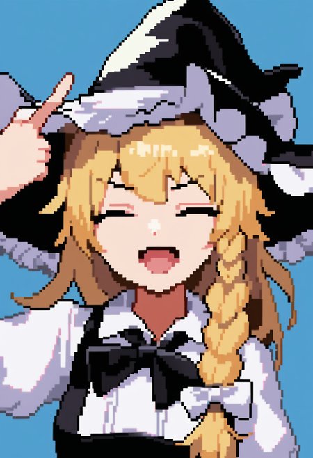 <lora:pixel_art:1>,1girl,:d,black_bowtie,blonde_hair,blue_background,closed_eyes,commentary_request,facing_viewer,kirisame_marisa,long_hair,open_mouth,pixel_art,pointing_at_self,side_braid,simple_background,single_braid,solo,star_\(symbol\),upper_body,