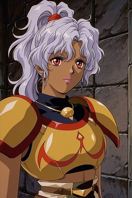 Anime Style,Rita,solo,armor,dark skin,earrings,1990s \(style\),jewelry,ponytail,retro artstyle,red eyes,long hair,dark-skinned female,1girl,shoulder armor,lipstick,upper body,purple hair,
<lora:Words Worth_Lite_illustriousXL:1>,