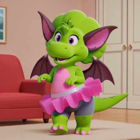 ((masterpiece, best quality, amazing quality,))  bopbwil, semi-anthro, female, dinosaur, green skin, green hair tuft, purple eyes, solo, inside, full body, bat ears, bat wings, light blue bike shorts, pink tutu