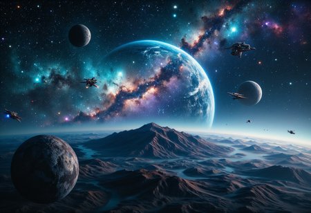 A hyper-realistic, ultra-high-definition photo of a stunning alien planet with one large continent in the center of the frame, with three moons orbiting around it in perfect harmony. Detailed spaceships are flying between the planet and the moons, creating dynamic movement across the scene. The surface of the planet and its moons are captured in exquisite detail. 
 In the vast backdrop, a stunning galactic nebula swirls in vibrant shades of turquoise, purple, and deep blue, mixing with the soft glow of multiple Milky Way galaxies stretching across the sky. The scene is majestic and full of wonder, with the intricate details of the planet’s surface and the grandeur of the cosmos creating a sense of awe and exploration. Midjourney_Whisper
