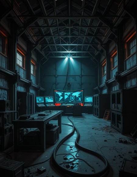 A dark, abandoned warehouse transformed into a villain's secret lair. The structure is massive and industrial, with rusted steel beams, shattered windows, and crumbling concrete walls covered in old graffiti. The floor is dusty and cracked, with scattered debris and oil stains. Dim red and blue lights glow from hidden sources, casting eerie, atmospheric shadows throughout the space. In the center, a high-tech command station glows with holographic maps, control panels, and futuristic computer screens. Advanced equipment, weapons racks, and strange scientific devices are neatly arranged on steel tables. Thick black cables snake across the floor and dangle from the ceiling. Makeshift metal dividers and reinforced crates create hidden zones for operations and storage. The setting is cinematic, mysterious, and tense, with dramatic lighting, high contrast between dark corners and glowing tech, and a realistic, moody art style â like a scene from a dystopian sci-fi thriller. No people or figures are present. 
<lora:SDXLFaeTastic2400:0.4> <lora:extremely_detailed:0.4> extremely detailed,villain secret l41r, <lora:villain_secret_l41r-i:1>, Masterpiece,best quality,hi res,8k,hi res,8k,award winning,(sharp focus, intricate, highly detailed),