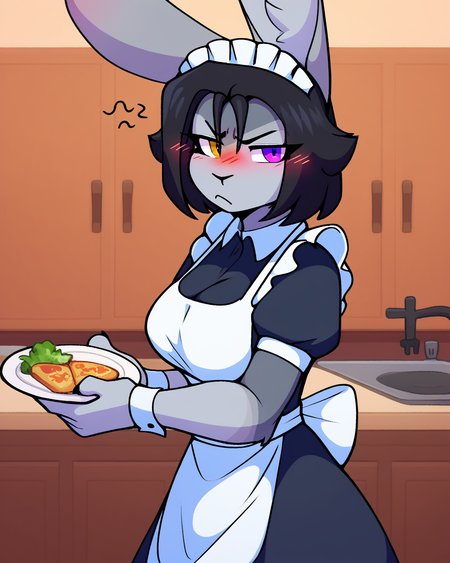 score_9_up, score_8_up, score_7_up, score_6_up, by remanedur, furry female, bunny ears, female, furry, heterochromia, grey body, blush, black hair, maid uniform, sigh,  large breasts,  annoyed, flustered, looking at viewer, solo, three-quarter view, side view,  kitchen, <lora:Leah_Pines(AIM)_XL_v1:0.15> <lora:PDXL_artist_tags_v2_big:0.5> <lora:The-Minuscule-Task_PDXL_v1.0:0.6>  <lora:Zay_ZMaskedRabbitZ:0.7>