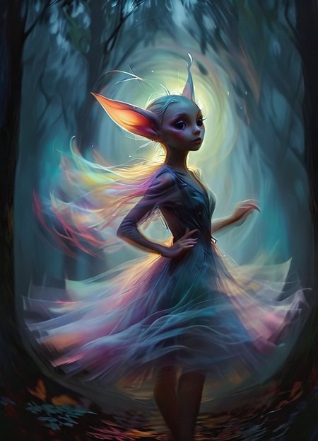 vnnpr dancing on a dark and foggy night in a dark forst, swirling mist in the air, pale moonlight, pointy ears, smooth and realistic, fluffy and colorful, big and dark and soulful eyes,
 <lora:ArtfullyVINNIPIER_SDXL_V1:0.8> <lora:Dont_Stop_Me_Now:0.8>