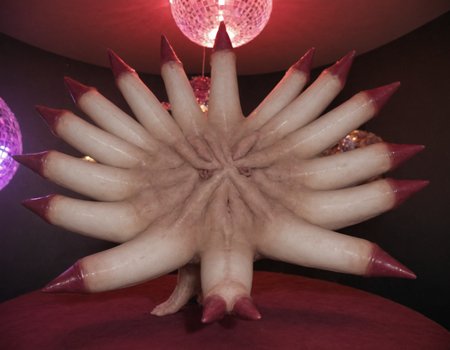 <lora:Cockstarz:0.85> 10-point Cockstarz cluster of penises with burgundy velvet cummerbunds wrapped around each shaft, sparkling lights, disco balls in background, psychedelic,