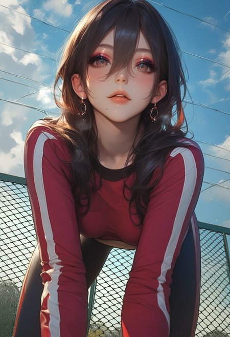 Score_9, score_8_up, score_7_up, score_6_up, score_5_up, score_4_up,1girl, casual outdoor style, sporty casual look, beautiful face, detailed anatomy, cinematic lighting, anime, beautiful girl, solo_focus, source_anime, cloudy sky, long sleeves, dynamic angle, runner sport outfit, fence, view through the fence  looking at viewer, focus on fence, big long fence, from front, cinematic scene, she takes a deep breath, she behind the fence, full lips, hair behind ear, hair between eyes, long eyelashes, eyeshadow, eyeliner, mole under mouth, slim body, petite body, cute, earrings, nail polish, medium breasts, on all fours, from below, dof