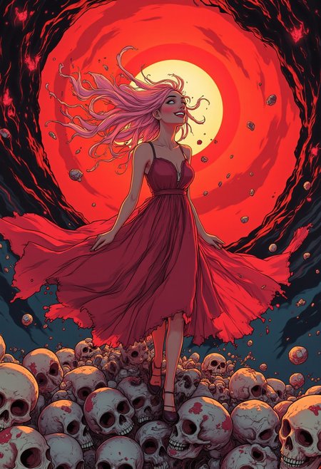 ff-enhance, ff-comic, An unsettling 4k scene depicts a woman with a slim physique and subtle features, smiling softly amidst a mound of cracked skulls coated in slimy gore. She balances delicately on the macabre pile, flowing pink hair seemingly defying gravity in the eerie ambiance. Clad in a sheer dark red silk dress, bullying ominously like crimson waves, she stands against a backdrop of ancient trees and abstract red swirls, bathed in the sinister glow of a dark red sunset. The fusion of elegance and horror evokes a chillingly beautiful nightmare.