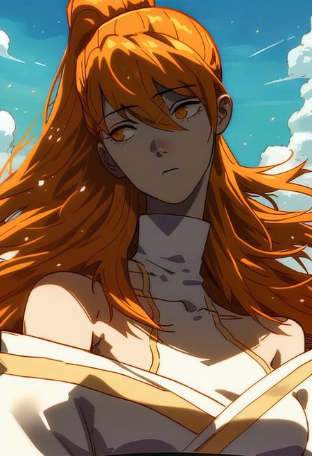 (score_9, score_8_up, score_7_up), 
xiaoninger, 1girl, ponytail, long hair, orange hair, bangs, orange eyes, bare shoulder, breasts, collarbone, hair between eyes, white dress, kimono, sash, two tones dress, turtleneck, masterpiece, best quality, outdoors, dynamic pose, dynamic angle,light particles, looking away, beautiful face, mature, side boob, sky, day, upper body, head tilt, centered, half closed eyes, sexy pose