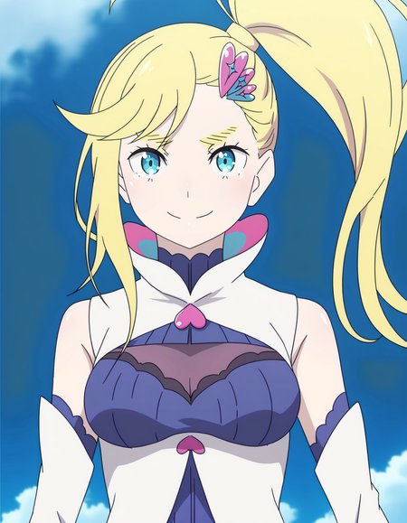 blonde hair, blue eyes, minerva, 1girl, solo, ponytail, blue sky, smile <lora:Minerva_ReZero:1>,