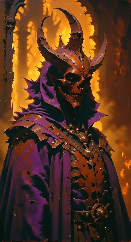 Warhammer style, gop, oil painting portrait of a fat male psyker, heretic, about 30-40 years old, copper cybernetic tubes and implants sticking out of his head, three parallel scars on his face, dark skin of unnatural blue-brown colour, eyes glowing purple, dark violet hooded cloak with copper breastplate, blood stains on his clothes, holding a sword shard in his hand glowing with sinister light and grinning evilly, there's a doorway in the background where the demons are climbing in, texture, chiaroscuro, detailxl