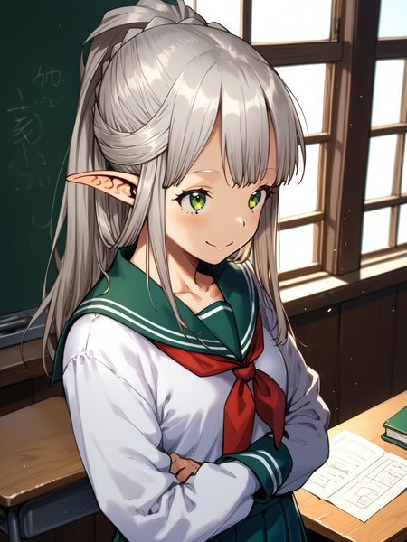(cowboy shot, solo focus:1.2) <lora:happy_tentacle-himono_elf-v0.1-000024:1>, ht_himono_elf, green eyes, silver hair, (petite:1.2), <lora:Shed_The_Skin's StS_age_slider_v1_initial_release:-1> ( :1.1) ( , , ( :1.2) , smile , (looking at another:1.2) :1) , indoors, ((day :0.6), :0.8), (open window :0.9), (furniture:0.9), abandoned , , , , (chinese architecture :0.9), classroom , (school uniform:1.2) (( from above :1.3) :0.8) score_9, score_8_up, score_7_up, score_6_up, score_5_up, score_4_up, ( [(realistic, photorealistic:1.3):(realistic:1.2):16] [(3d:1.2)::14] :1) <lora:LUUNA's Lunas-NijiJourney-SDXL-B2:0.35>, nijijourney <lora:prgfrg23's Counterfeit-V3.0 Style SDXL_LoRA_Pony Diffusion V6 XL:0.5> <lora:mfcg's mfcgXL:0.12> <lora:reweik's gyokai(himehajime)_PonyXL_style_v01:0.14>