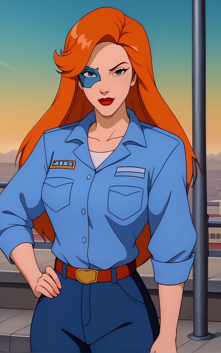 score_9, score_8_up, score_7_up, looking at viewer,  BREAK
PrisonBlueShirt_FoxXanatos_ownwaifu, 
1girl, eye mask, facial tattoo, green eyes, long hair, orange hair, lipstick, red lips, makeup, bangs, collarbone, breasts, 
blue shirt, long sleeves, breast pocket, collared shirt, blue pants, belt, uniform, formal,
(contrapposto, hand on hip), sunset, sidelighting, cityscape, outdoors, <lora:PONYXL_Gargoyles_FoxXanatos_ownwaifu:1> , depth of field, solo,