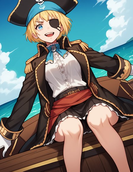 score_9, score_8_up, score_7_up, source_anime, <lora:fireforce-iris-s1s2-ponyxl-lora-nochekaiser:1>, iris, short hair, blonde hair, blue eyes, medium breasts,, <lora:pirate-costume-ponyxl-lora-nochekaiser:1>, pirate costume, pirate hat, skirt, gloves, jacket, shirt, eyepatch,, blue sky, sea, ocean, pirate ship, treasure, gold, smug, open mouth, from below, sitting,, , dutch angle, cowboy shot