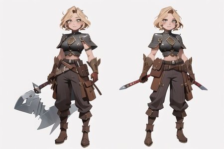 1woman, solo, armor, pauldrons, <lora:BarbarianT-18:0.8>, BarbarianT, muscular female, bare body builder abs, ((masterpiece: 1.4, perfect face, best quality: 1.2)), ultra highly detailed, detailed eyes, delicate hair details, armor faulds, fantasy crop top, arm armor, armor greaves, furry tippet, large breasts, sexy eyes, devilish grin, mixed blonde hair, extremely messy large shag hair cape, many braids and beads in hair, intricate details, hazel eyes, eyeliner, eyelashes, crossed_bangs, warpaint, one bare muscular armor with viking design tattoo, wide striped puffy sleeves, multicolor sleeves, tribal design asymmetrical lion cloths, leather boots, wide striped baggy pants trousers, tassel belt accessories, barbarian woman, brown leather hip belt with pouch on right side of hip, sword sheath on left side of hip belt, leather gloves with fur trim, saturated brown tones, nordic, fantasy aesthetic,(flat saturated colors), fine details, intense,(lineart:1.33), charactersheet, reference sheet, multiple views, white background